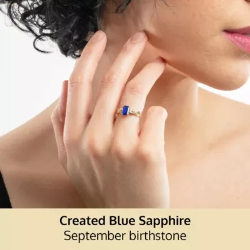 MAX + STONE Solid 10K Yellow Gold Blue Sapphire Rings For Women | Emerald Cut September Birthstone Ring Anti Tarnish 10kt Statement Cocktail Gemstone 6