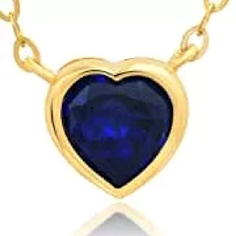 MAX + STONE Solid 14k Yellow Gold Created Blue Sapphire Bezel Set Heart Pendant Necklace for Women with Spring Ring Clasp 5mm September Birthstone