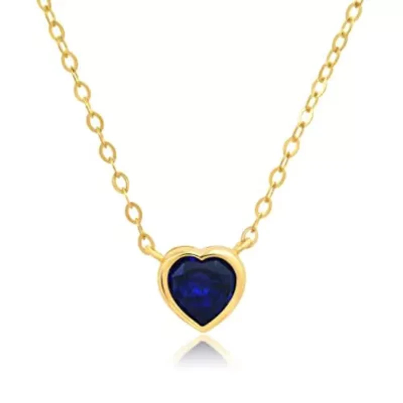 MAX + STONE Solid 14k Yellow Gold Created Blue Sapphire Bezel Set Heart Pendant Necklace for Women with Spring Ring Clasp 5mm September Birthstone
