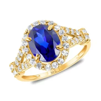 MAX + STONE Solid 10K Yellow Gold Blue Sapphire Rings For Women | Oval Cut September Birthstone Ring Anti Tarnish 10kt Created Statement Cocktail Gemstone 6