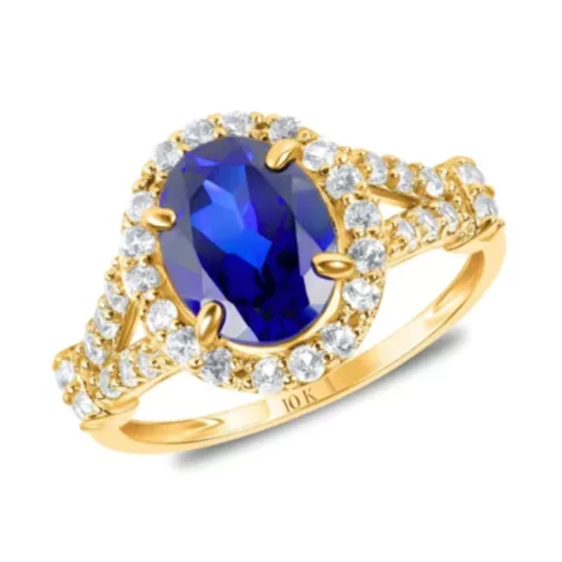 MAX + STONE Solid 10K Yellow Gold Blue Sapphire Rings For Women | Oval Cut September Birthstone Ring Anti Tarnish 10kt Created Statement Cocktail Gemstone 6