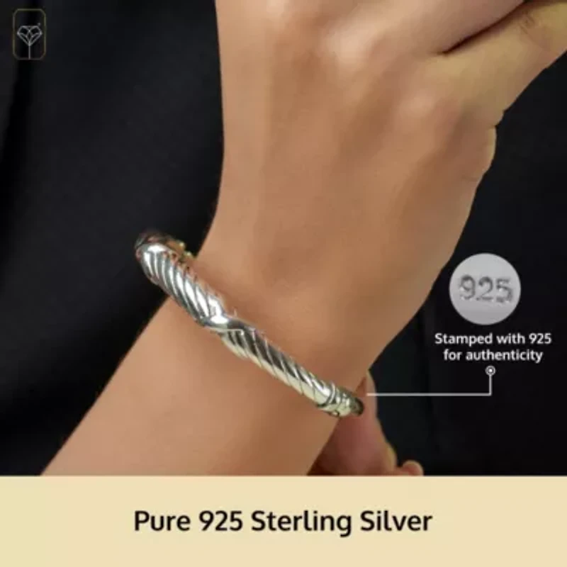 MAX + STONE 925 Sterling Silver Bracelet for Women | 7 Inch Braided Rope Bangle Bracelets with Hinged Clasp | Anti-tarnishing Sterling Silver Bangle Bracelet | Silver Bangles for Women