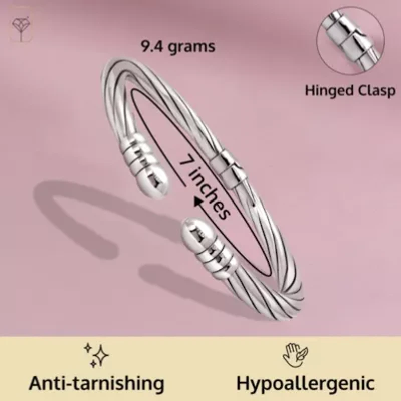 MAX + STONE 925 Sterling Silver Bracelet for Women | 7 Inch Open Textured Bangle Bracelets with Hinged Clasp | Anti-tarnishing Sterling Silver Bangle Bracelet | Silver Bangles for Women