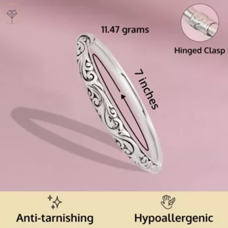 MAX + STONE 925 Sterling Silver Bracelet for Women | 7 Inch Filigree Bangle Bracelets with Hinged Clasp | Anti-tarnishing Sterling Silver Bangle Bracelet | Silver Bangles for Women