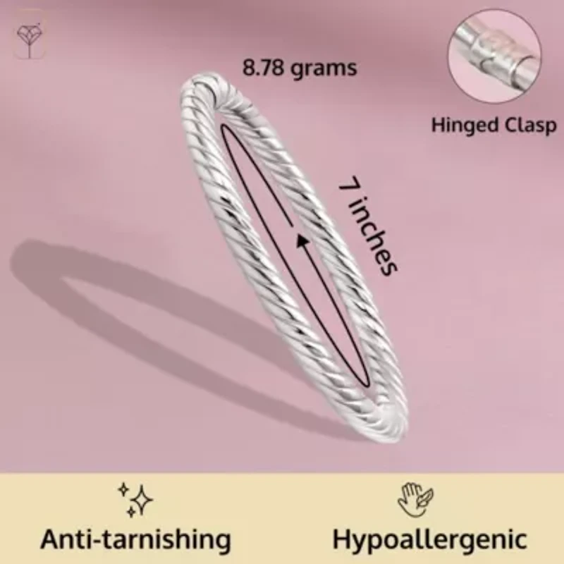 MAX + STONE 925 Sterling Silver Bangle Bracelet | 7 Inch Twist Bracelet with Hinged Clasp | Anti-tarnishing Silver Bracelet for Women