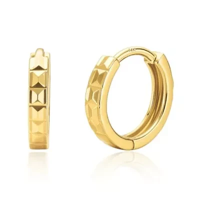 14K Gold Huggie Earrings for Women | Diamond Cut Square Solid Gold Huggie Earrings | Hypoallergenic 12mm Real Solid 14k Gold Hoop Earring by MAX + STONE