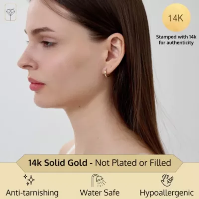 14K Gold Huggie Earrings for Women | Diamond Cut Square Solid Gold Huggie Earrings | Hypoallergenic 12mm Real Solid 14k Gold Hoop Earring by MAX + STONE