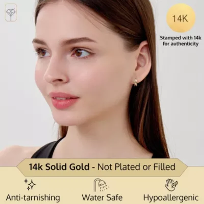 Solid 14K Gold Leaf Huggie Hoop Earrings for Women | Hypoallergenic 14kt Real Gold Huggie Earrings | 13mm Small Heart Shaped Hoop Earring by MAX + STONE