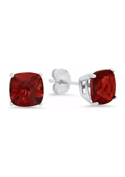 Sterling Silver Cushion-Cut Checkerboard Genuine Garnet Stud Earrings (8 Millimeter)
