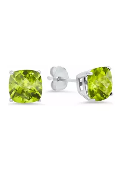 Sterling Silver Cushion-Cut Checkerboard Genuine Peridot Stud Earrings (8 Millimeter)