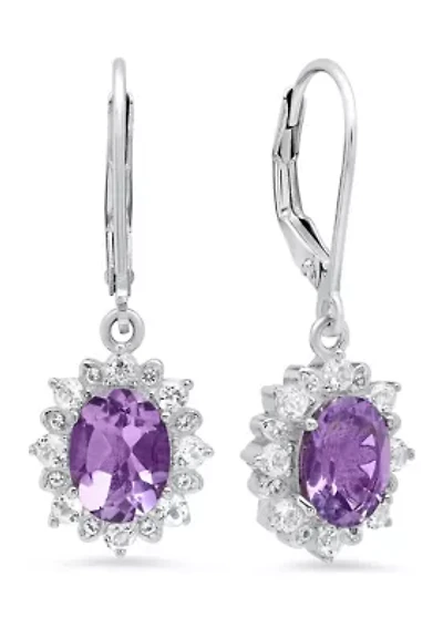 Sterling Silver Halo Sunburst Oval Amethyst Lever Back Earrings  (8 mm x 6 mm) 