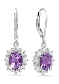 Sterling Silver Halo Sunburst Oval Amethyst Lever Back Earrings  (8 mm x 6 mm) 