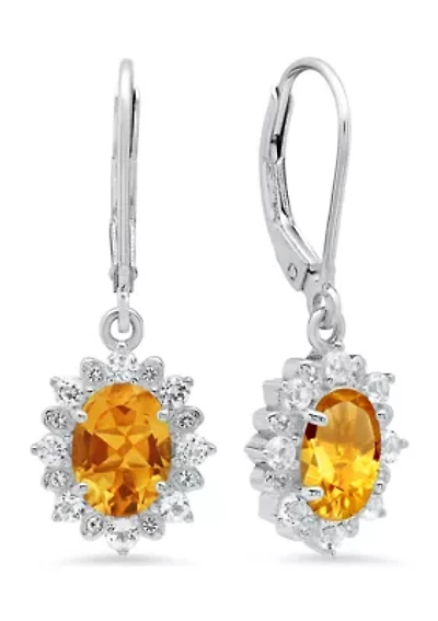 Sterling Silver Halo Sunburst Oval Citrine Leverback Earrings (8 mm x 6 mm) 