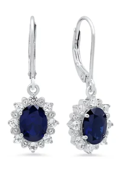 2.3 ct. t.w. Created Sapphire Halo Sunburst Oval Lever Back Earrings in Sterling Silver 