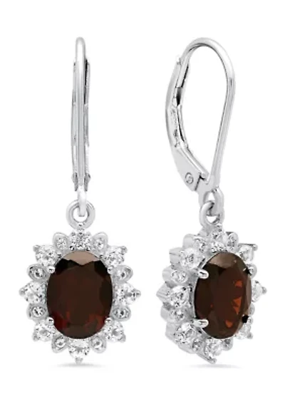 Sterling Silver Halo Sunburst Oval Garnet Leverback Earrings (8 mm x 6 mm) 