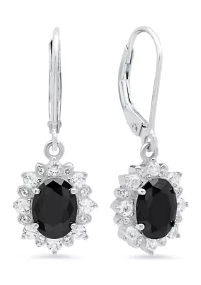 Sterling Silver Halo Sunburst Oval Onyx Leverback Earrings (8 mm x 6 mm) 