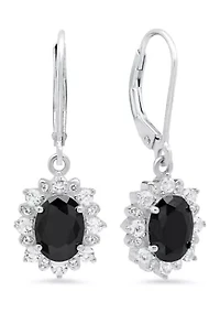 Sterling Silver Halo Sunburst Oval Onyx Leverback Earrings (8 mm x 6 mm) 