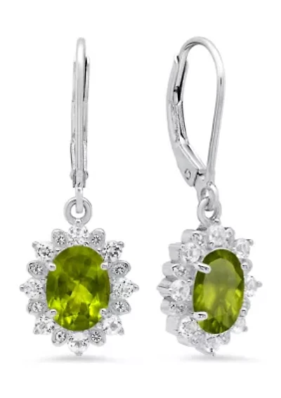 Sterling Silver Halo Sunburst Oval Peridot Lever Back Earrings (8 mm x 6 mm)