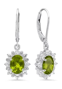 Sterling Silver Halo Sunburst Oval Peridot Lever Back Earrings (8 mm x 6 mm)