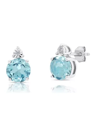 7 Millimeter Round Blue Topaz and Diamond Accent Stud Earrings in Sterling Silver