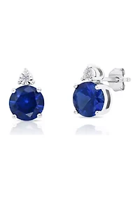 7 Millimeter Round Created Blue Sapphire and Diamond Accent Stud Earrings in Sterling Silver