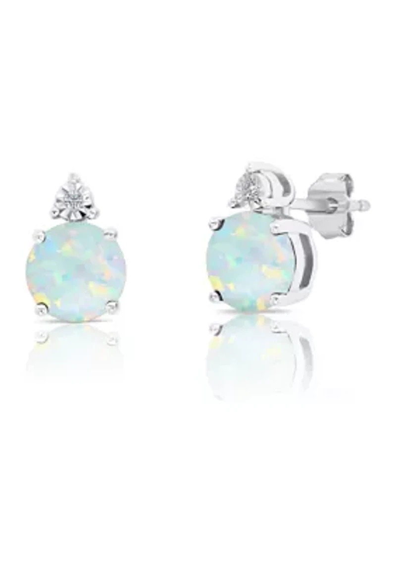 7 Millimeter Round Created Opal and Diamond Accent Stud Earrings in Sterling Silver