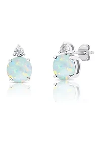 7 Millimeter Round Created Opal and Diamond Accent Stud Earrings in Sterling Silver
