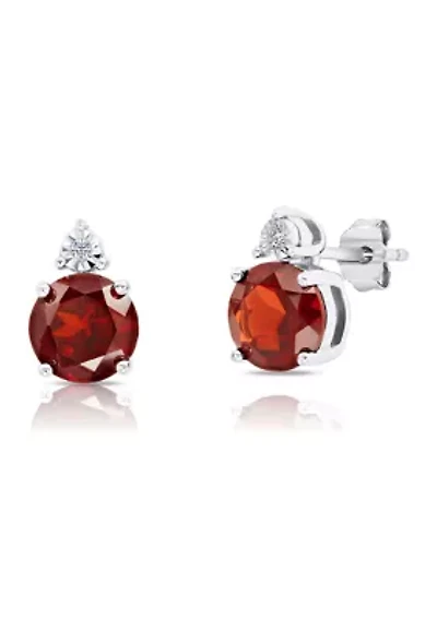 7 Millimeter Round Garnet and Diamond Accent Stud Earrings in Sterling Silver