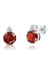 7 Millimeter Round Garnet and Diamond Accent Stud Earrings in Sterling Silver
