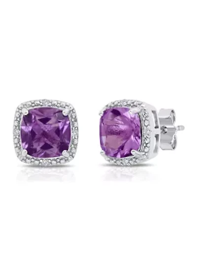 7 Millimeter Cushion Cut Amethyst and Diamond Accent Halo Stud Earrings in Sterling Silver