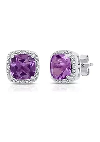 7 Millimeter Cushion Cut Amethyst and Diamond Accent Halo Stud Earrings in Sterling Silver