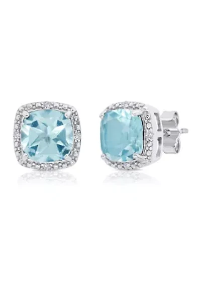 7 Millimeter Cushion Cut Blue Topaz and Diamond Accent Halo Stud Earrings in Sterling Silver