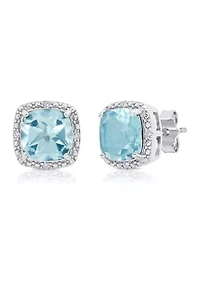 7 Millimeter Cushion Cut Blue Topaz and Diamond Accent Halo Stud Earrings in Sterling Silver