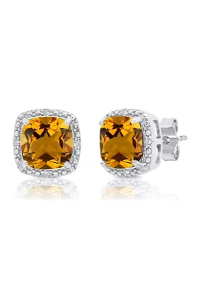 7 Millimeter Cushion Cut Citrine and Diamond Accent Halo Stud Earrings in Sterling Silver