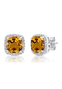 7 Millimeter Cushion Cut Citrine and Diamond Accent Halo Stud Earrings in Sterling Silver