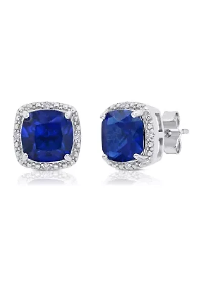 7 Millimeter Cushion Cut Created Blue Sapphire and Diamond Accent Halo Stud Earrings in Sterling Silver