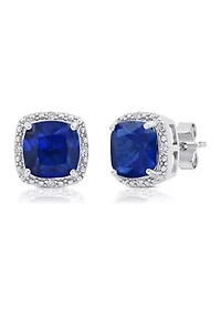 7 Millimeter Cushion Cut Created Blue Sapphire and Diamond Accent Halo Stud Earrings in Sterling Silver