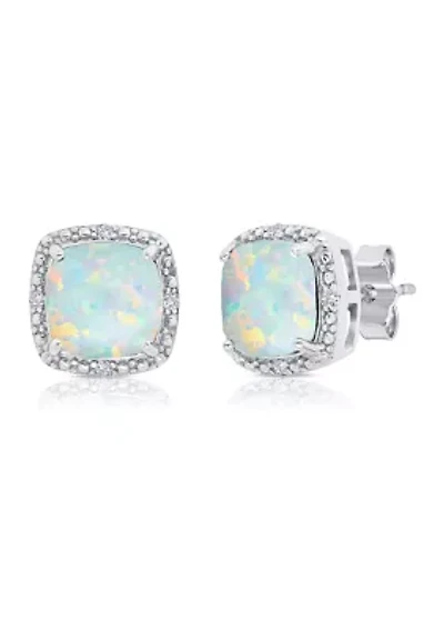 7 Millimeter Cushion-Cut Created Opal and Diamond Accent Halo Stud Earrings in Sterling Silver