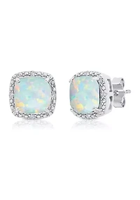 7 Millimeter Cushion-Cut Created Opal and Diamond Accent Halo Stud Earrings in Sterling Silver