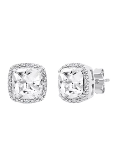 7 Millimeter Cushion-Cut Created White Sapphire and Diamond Accent Halo Stud Earrings in Sterling Silver