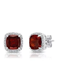 7 Millimeter Cushion Cut Garnet and Diamond Accent Halo Stud Earrings in Sterling Silver