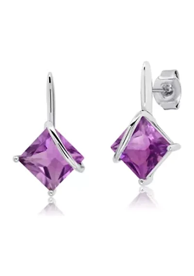 Sterling Silver 7MM Princess Cut Gemstone Drop Earrings