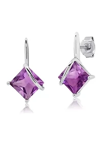 Sterling Silver 7MM Princess Cut Gemstone Drop Earrings