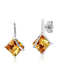 Sterling Silver 7MM Princess Cut Gemstone Drop Earrings