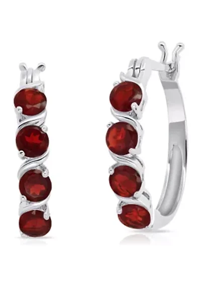 Round Garnet Statement Hoop Earrings in Sterling Silver (0.9 Inches)