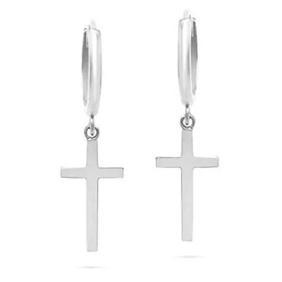 10K White Gold Small Huggie Hoop Gold Cross Earrings with Dangle | Hypoallergenic 10K Gold Hoop Earrings with Hidden Notched Post by MAX + STONE