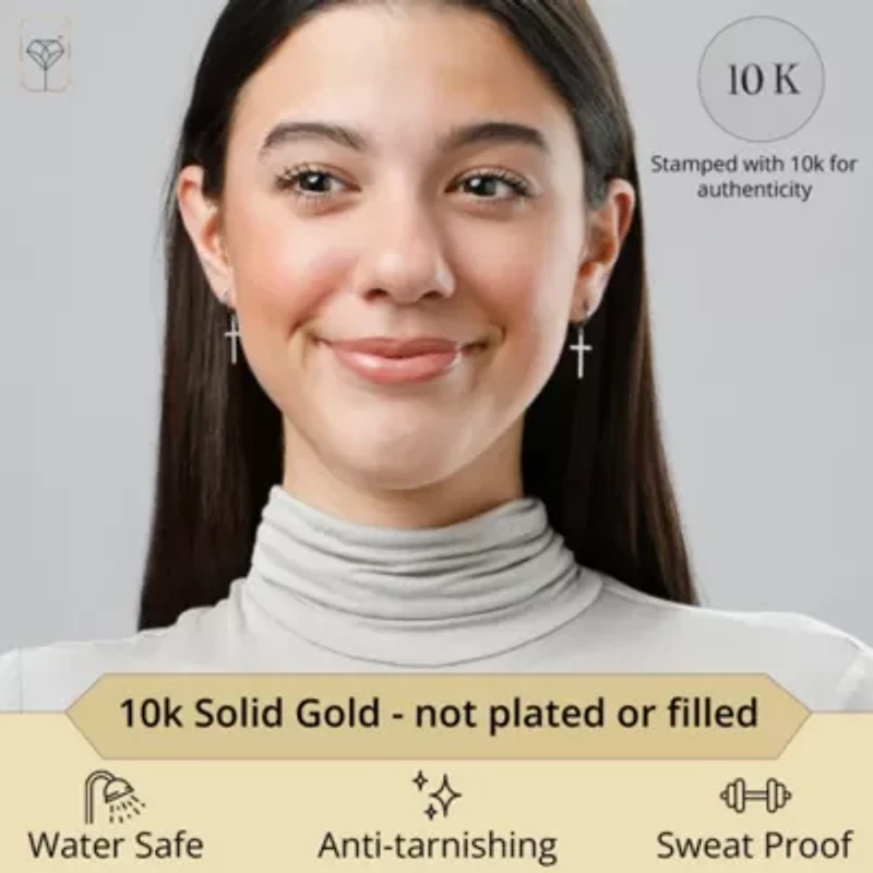 10K White Gold Small Huggie Hoop Gold Cross Earrings with Dangle | Hypoallergenic 10K Gold Hoop Earrings with Hidden Notched Post by MAX + STONE