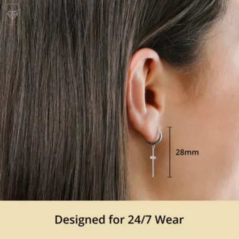 10K White Gold Small Huggie Hoop Gold Cross Earrings with Dangle | Hypoallergenic 10K Gold Hoop Earrings with Hidden Notched Post by MAX + STONE
