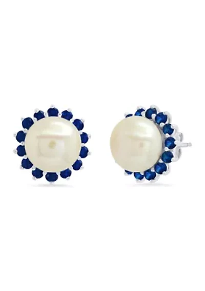 Sterling Silver  9mm Cultured Pearl and Created Blue Sapphire Gemstone Earrings