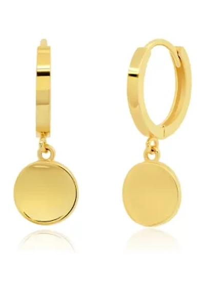 Genuine 14K Yellow Gold Minimalist Huggie Hoop Earrings with Dangle Round Plates